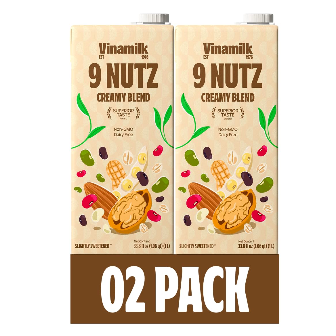 Vinamilk 9 Nutz Creamy Blend Oat Almond Walnut + Whole Soy Beans, Plant Based Milk, 33.8 Fl Oz Each, Light Sweet, Shelf Stable - Lactose Free, Dairy Free, Glyphosate Free