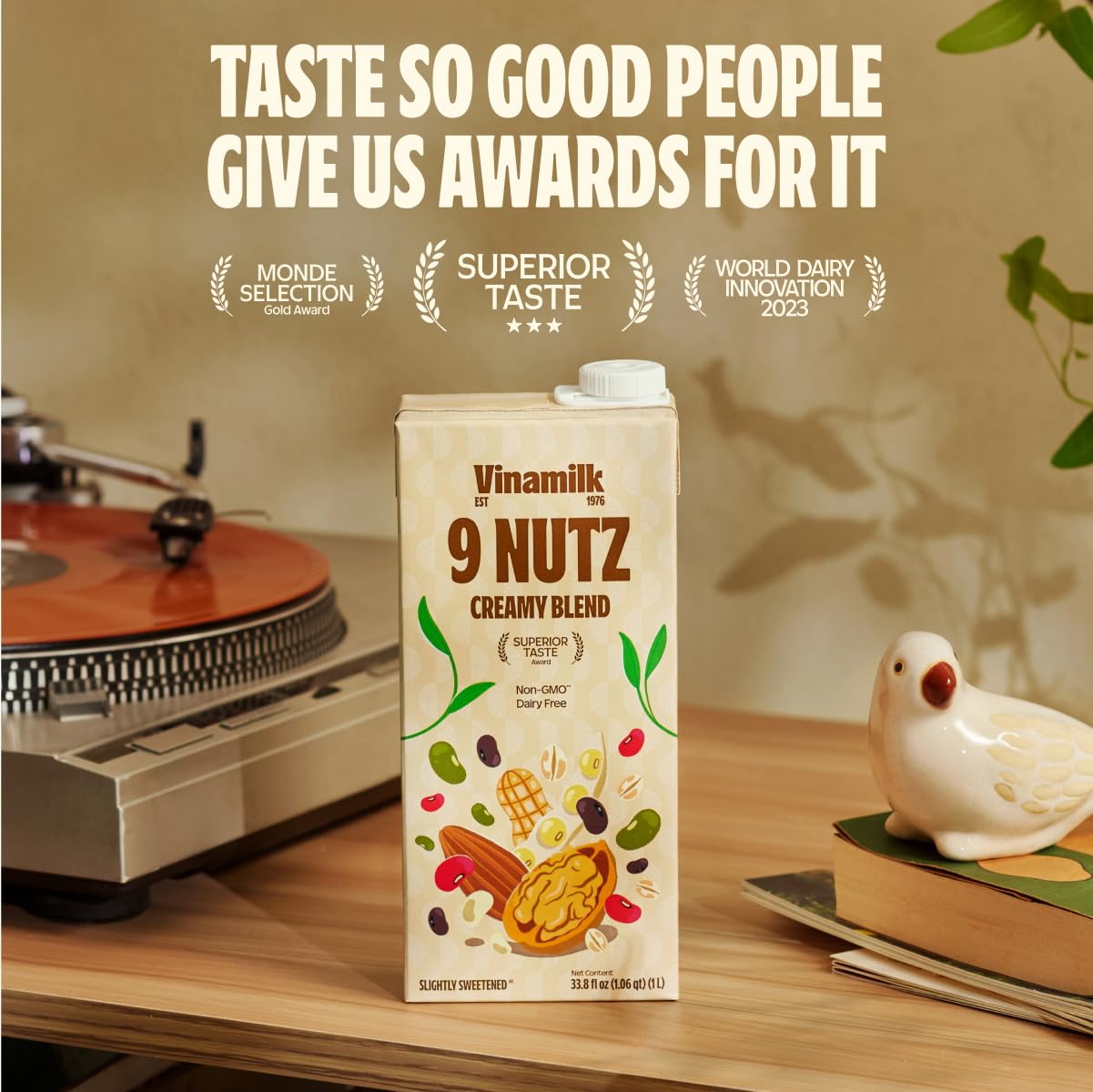 Vinamilk 9 Nutz Creamy Blend Oat Almond Walnut + Whole Soy Beans, Plant Based Milk, 33.8 Fl Oz Each, Light Sweet, Shelf Stable - Lactose Free, Dairy Free, Glyphosate Free