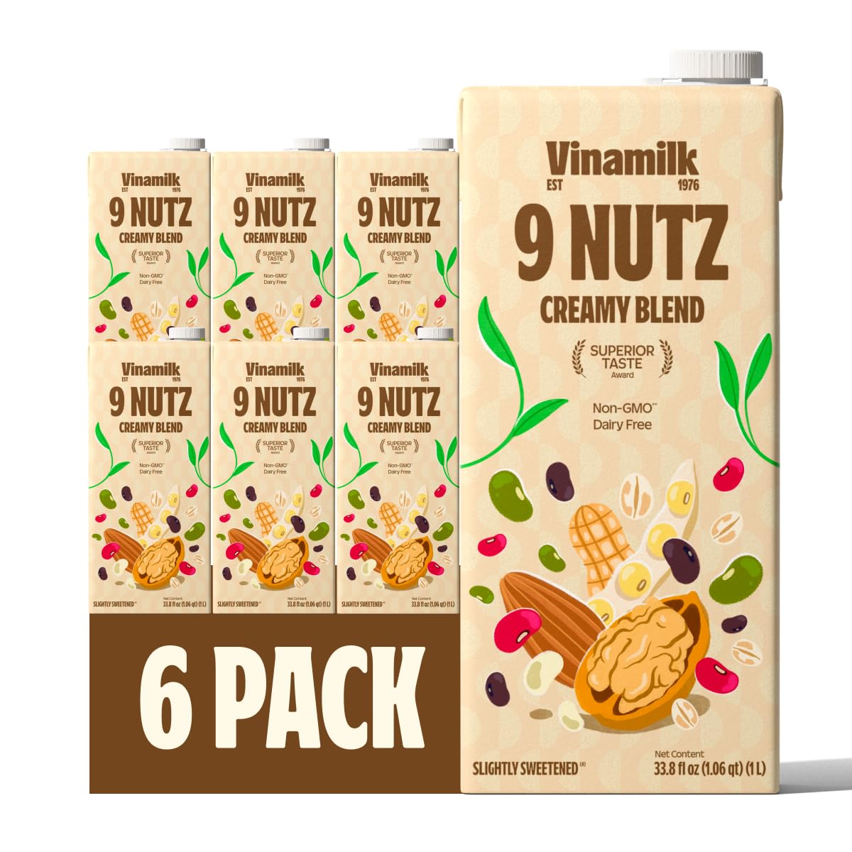 Vinamilk 9 Nutz Creamy Blend Oat Almond Walnut + Whole Soy Beans, Plant Based Milk, 33.8 Fl Oz Each, Light Sweet, Shelf Stable - Lactose Free, Dairy Free, Glyphosate Free